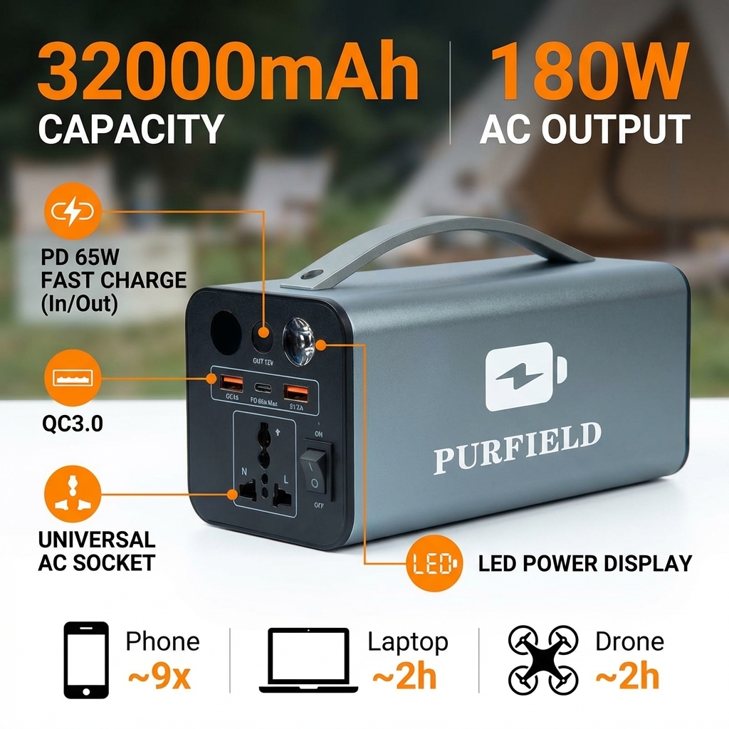 Solar Emergency Charger - Station d'alimentation extérieure 180W, 32000mAh, 118,4Wh,